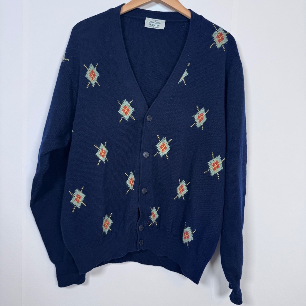 United Colors Benetton Wool Cardigan Men 54/ L Navy VTG Italy Old Money Grandpa